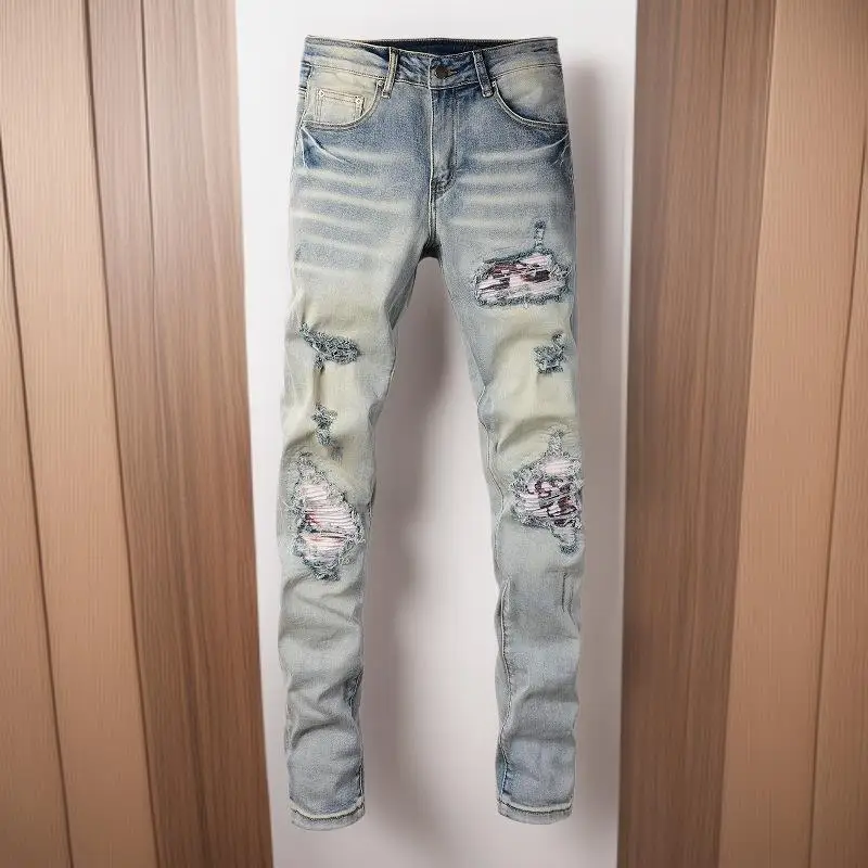 

Мужские облегающие эластичные джинсы Street Sle с высокой талией, американские повседневные рваные джинсовые брюки, удобные, не выцветающие, большой размер