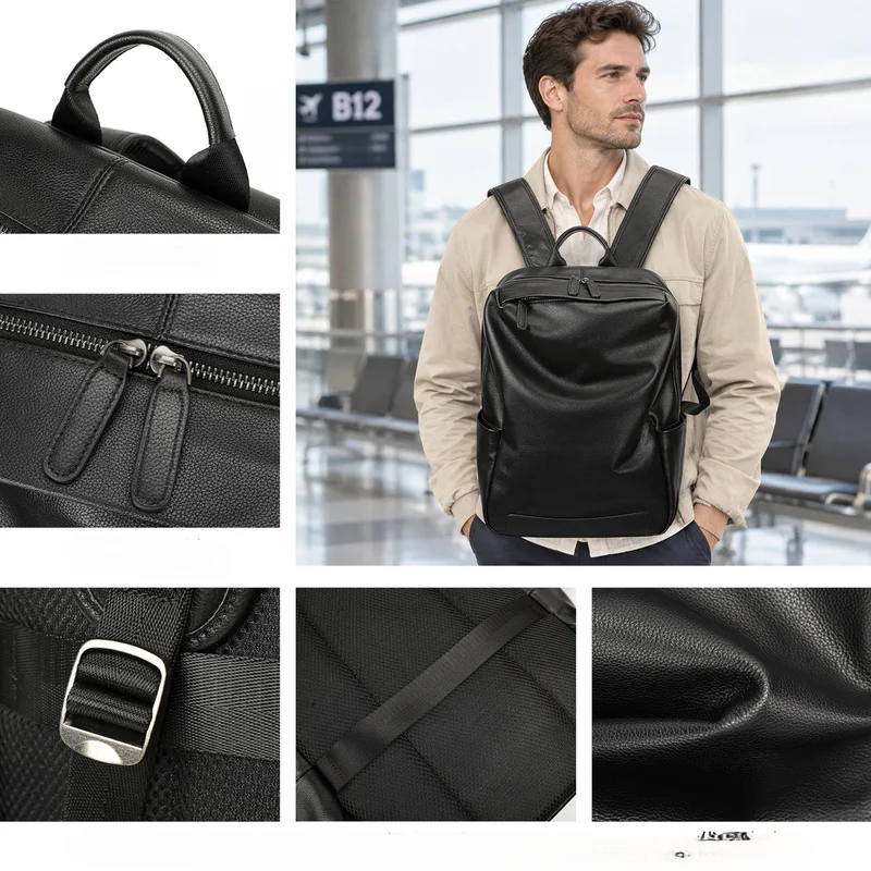 Mochila de cuero genuino para hombre y mujer, de color negro, hecha con piel de vaca, con bolsillo lateral, ideal para uso diario, viajes y como bolso de hombro para la escuela, el trabajo o para llevar al trabajo.