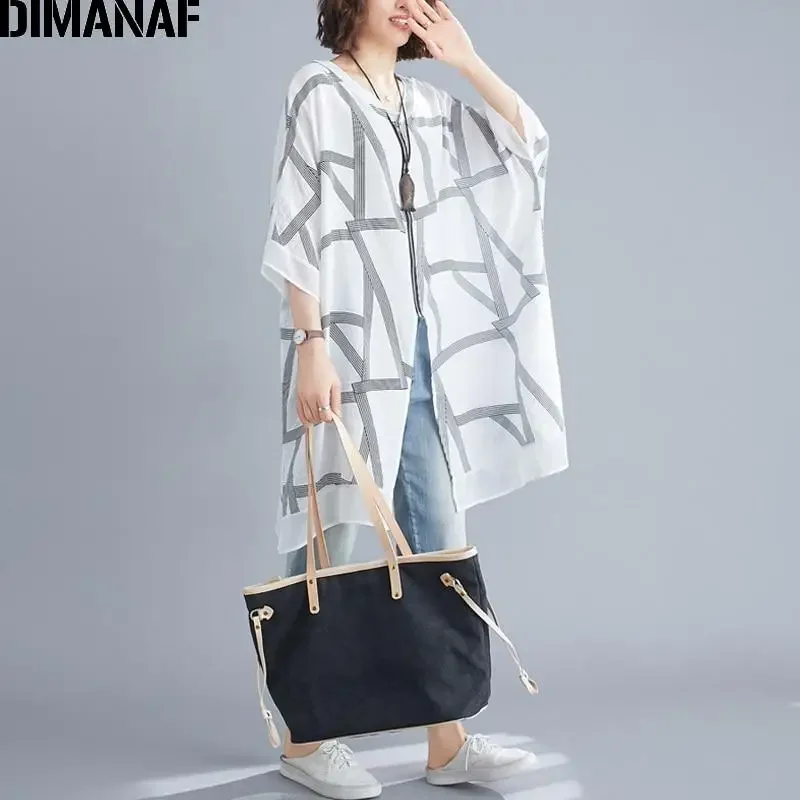 DIMANAF Summer Plus Size Jackets Coats Women Clothing Vintage Print Striped Lady Outerwear Loose Casual Zipper Cardigan Thin