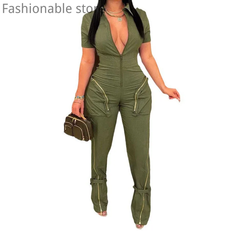 

Women Casual Solid Color Short Sleeve Zipper Design Pocket Jumpsuits