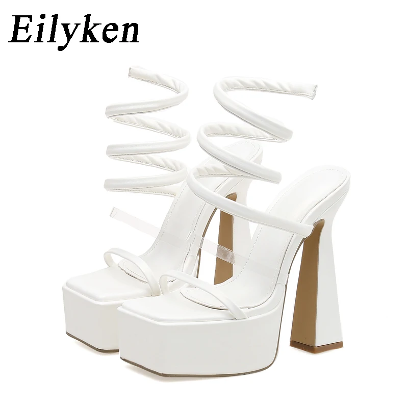 Eilyken New Summer Open Toe Square High Heels Sandals Women Solid Platform Ankle Strappy Nightclub Banquet Female Shoes