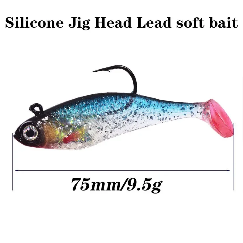 Jig Head Hook Silicone Soft Bait, Iscas de pesca, Swimbait de borracha artificial, Swimbait para Shad Bass Carp, Wobblers, 75mm, 9.5g, 1Pc