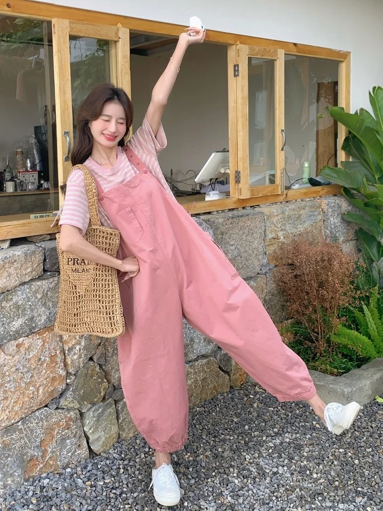 

Розовый летний комплект-комбинезон для женщин: новая корейская версия, укороченный топ и широкие брюки, маленький размер