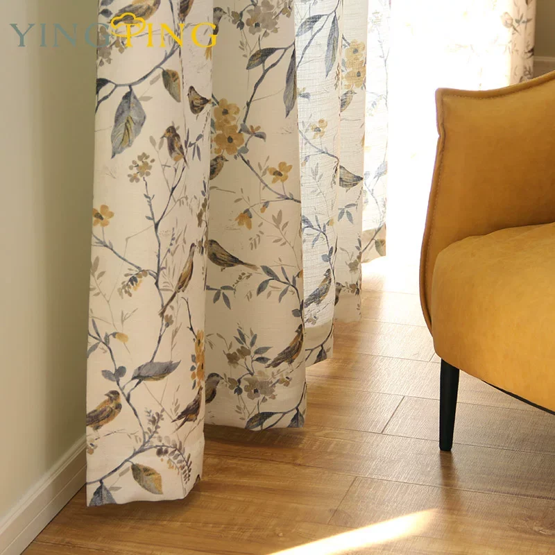 Premium American Pastoral Bird Print Curtains for Living Room Bedroom with Semi Blackout Drapes for Elegant Home Decor Tulle