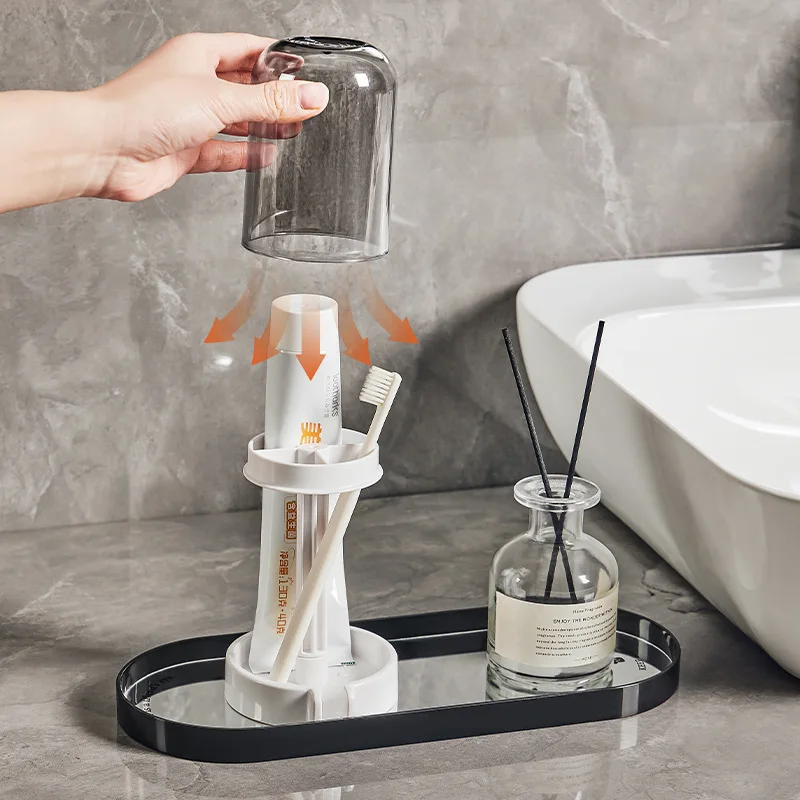 Imagen 3: Portacepillos de Dientes con Cubierta Antipolvo y Diseño de Drenaje, Organizador Multifuncional de Plástico para Baño, para Cepillos de Dientes y Vasos