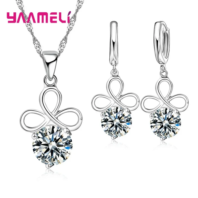 Shiny Crystal Zircon 925 Silver Different Style Pendant Necklace Earring Jewelry Set Noble Fashion Elegant for Women Girl Gift