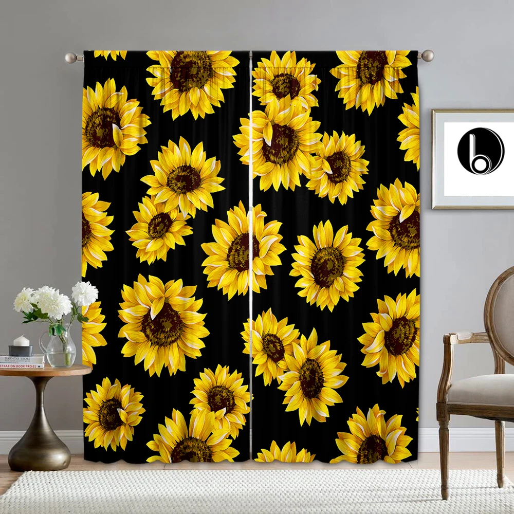 2PC Home Decoration Curtains, Yellow Sunflower With Rod Pocket Curtains, Kitchen, Coffee Shop,Living Room, Balcony, Garden