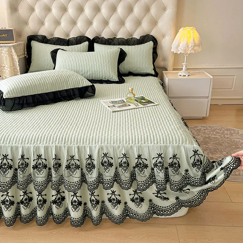 

1 шт. Стеганая юбка для кровати с кружевом, однотонная, утолщенная, для матраса Queen, защитный чехол-юбка (без наволочки)
