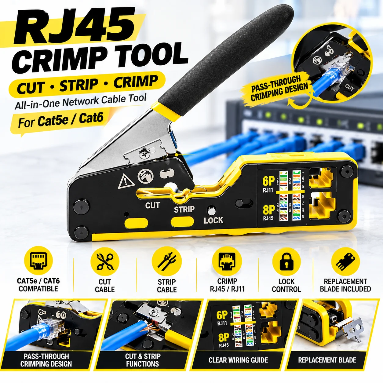 Pass Through RJ45 Crimp Tool, Ethernet Cable Crimper for Cat5 Cat5e Cat6 RJ45 Connectors with Replacement Blade for Network Repa