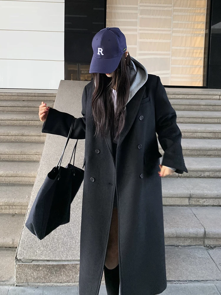 

Bla Woolen Coat Women's Autumn Winter New Loose Medium Length Hepburn Sle Coat Double Breasted Long Sve Suit Collar