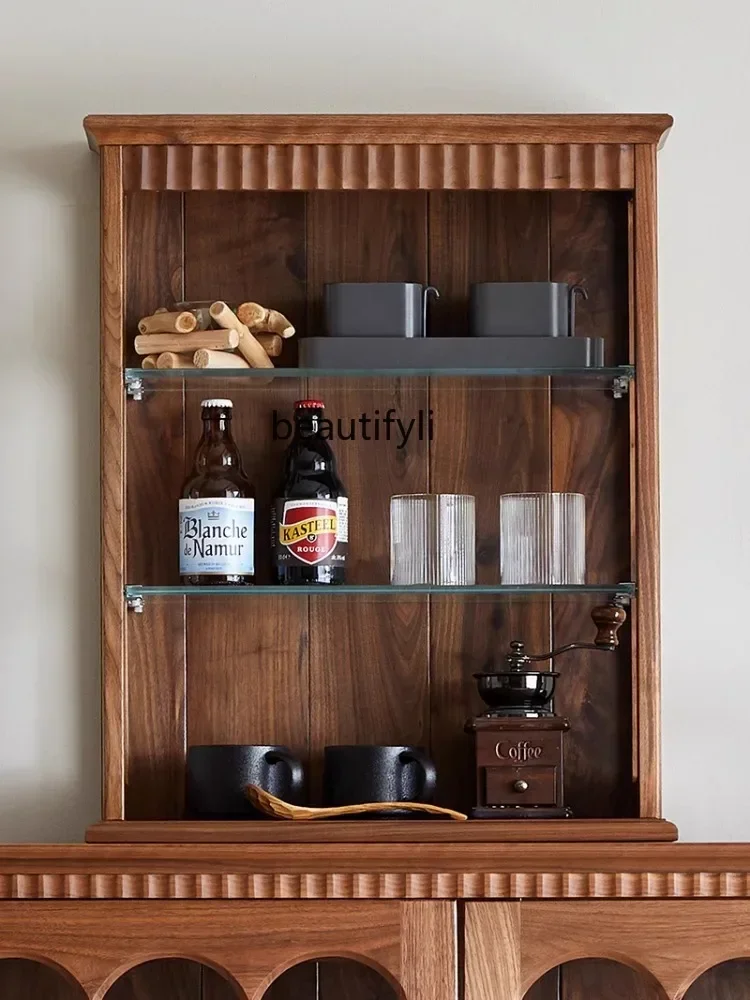 Solid Wood Cup Holder Shelf Black Walnut Glass Hand-Made Wall Cupboard Retro Wall Mount Wall Closet furniture