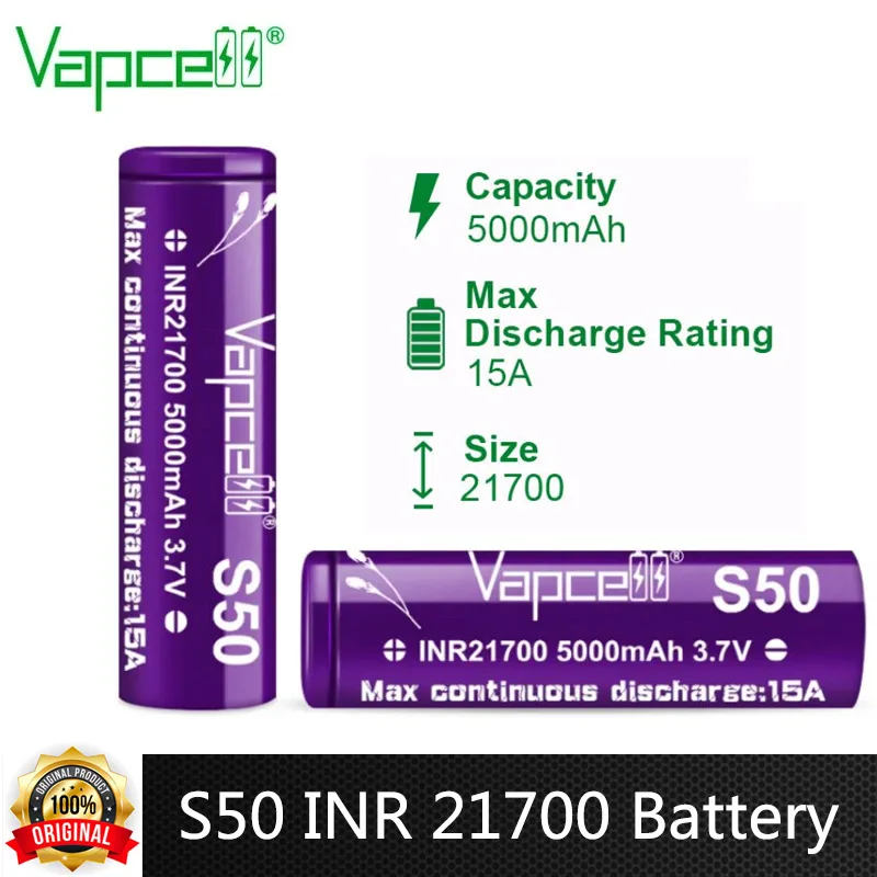 Original Vapcell S50 INR 21700 Battery Rechargeable Lithium-ion Batteries 5000mAh 15A High Discharge Battery For Power Tools Toy