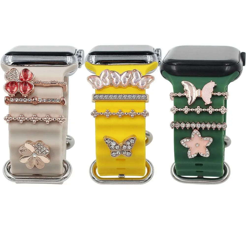 New Diamond Ornament Metal Charms Silicone Strap Decorative Ring For Apple Watch Band Decor Accessories For iwatch Bracelet