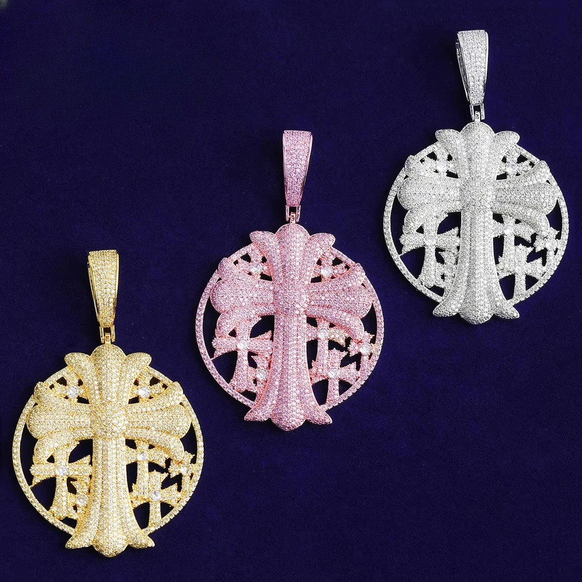 Iced Out Cross Disc Necklace Pendant for Women Real Gold Plated 5A Cubic Zirconia Hip Hop Jewelry