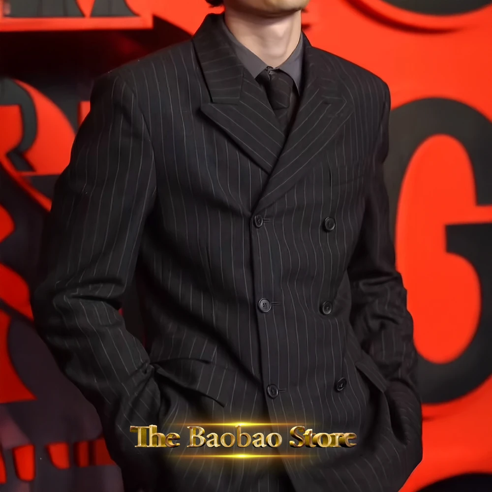 

Men's striped suit formal black double breasted 2pcs jacket pants custom slim fit set for wedding cocktail graduation ball