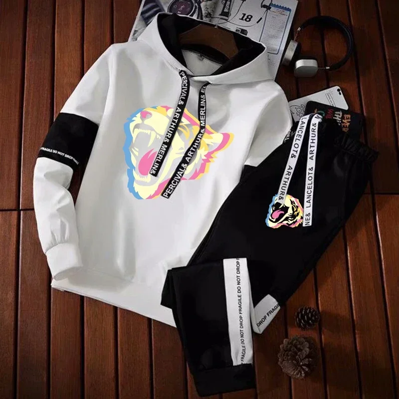 Men's Sweatshirt Sets Letter Printed Drawstring Hoodie + Pants Fashion Hip Hop Street Clothing Man Long Sleeve Hooded Top