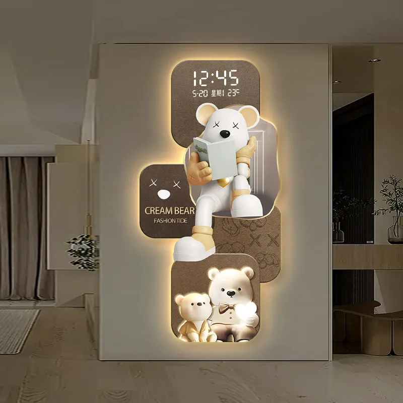 

Creativity Entrance Decorative Painting LED Electronic Wall Clock Modern Design Cartoon Bear Clock Living Room Watch Home Decor