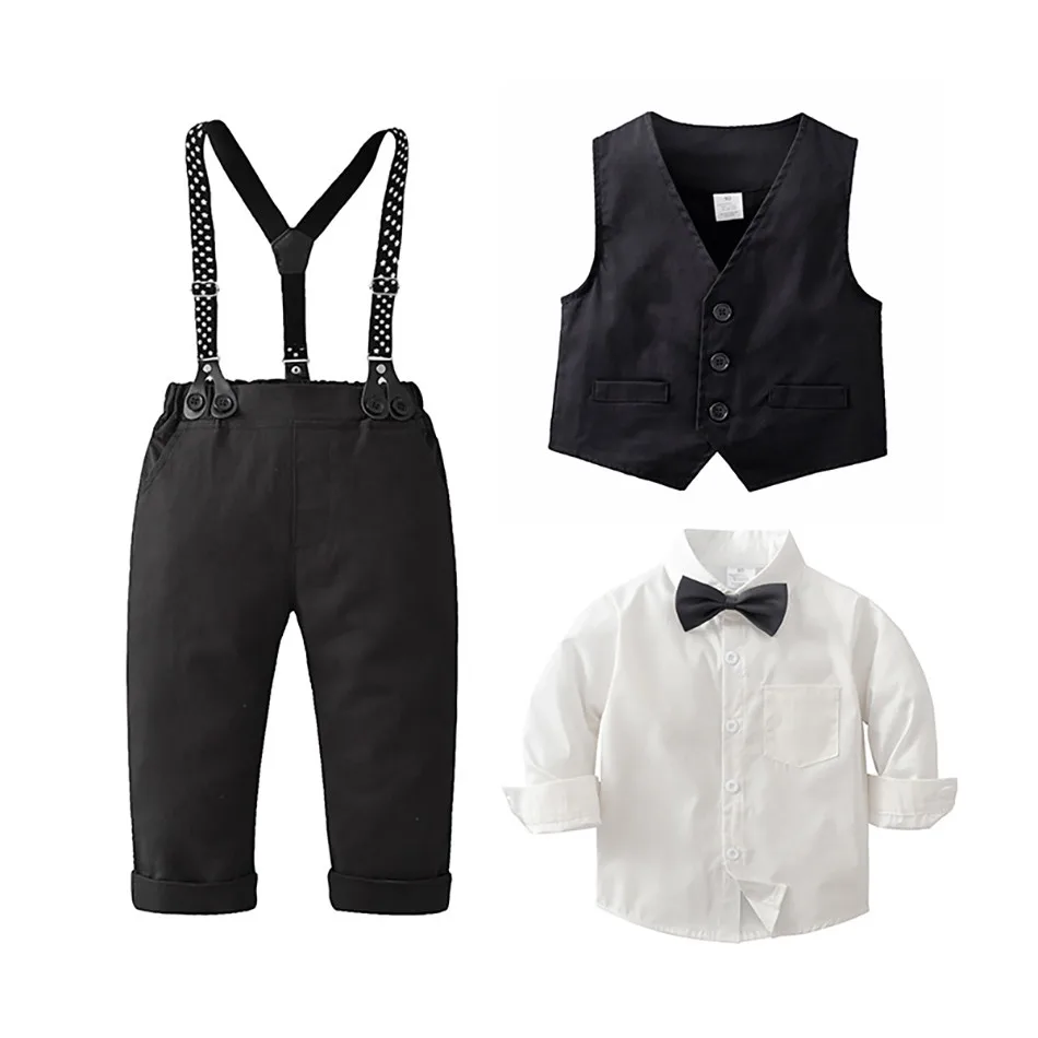 Boys' Spring And Autumn Gentlemen's Backband Pants Suit Set Boys' English Style Suit Three Piece Set