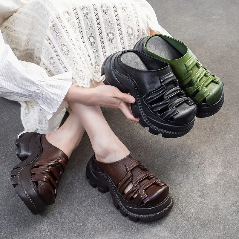 

GKTINOO 2025 Summer Genuine Leather Soft Sole Height Increasing Slippers Handmade Retro Lightweight Women's Shoes Outside Slides