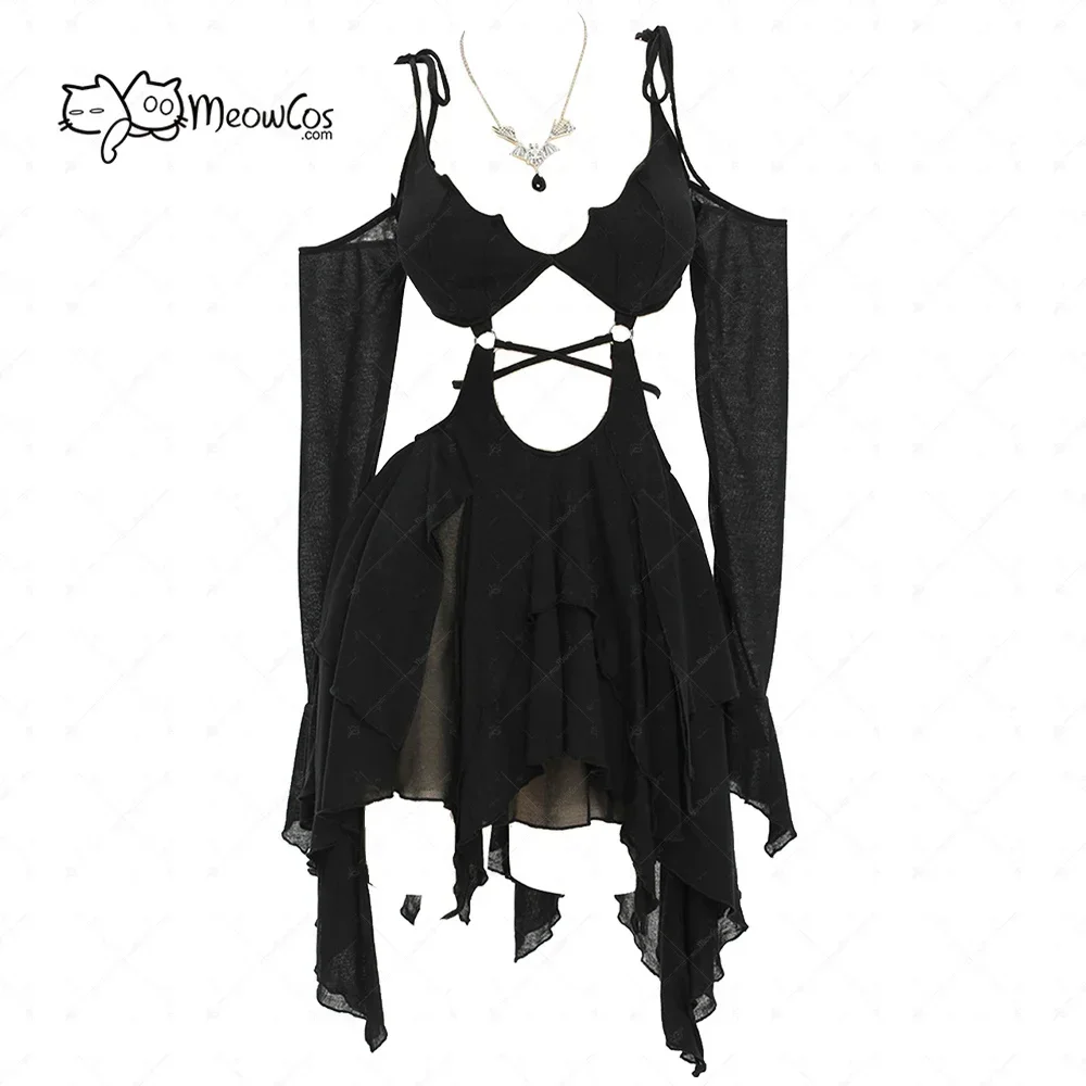 

MEOWCOS Women Dark Bat Style Gothic Dress Black Camisole Cut Out Long Sleeves Dress Irregular Dress with Necklace