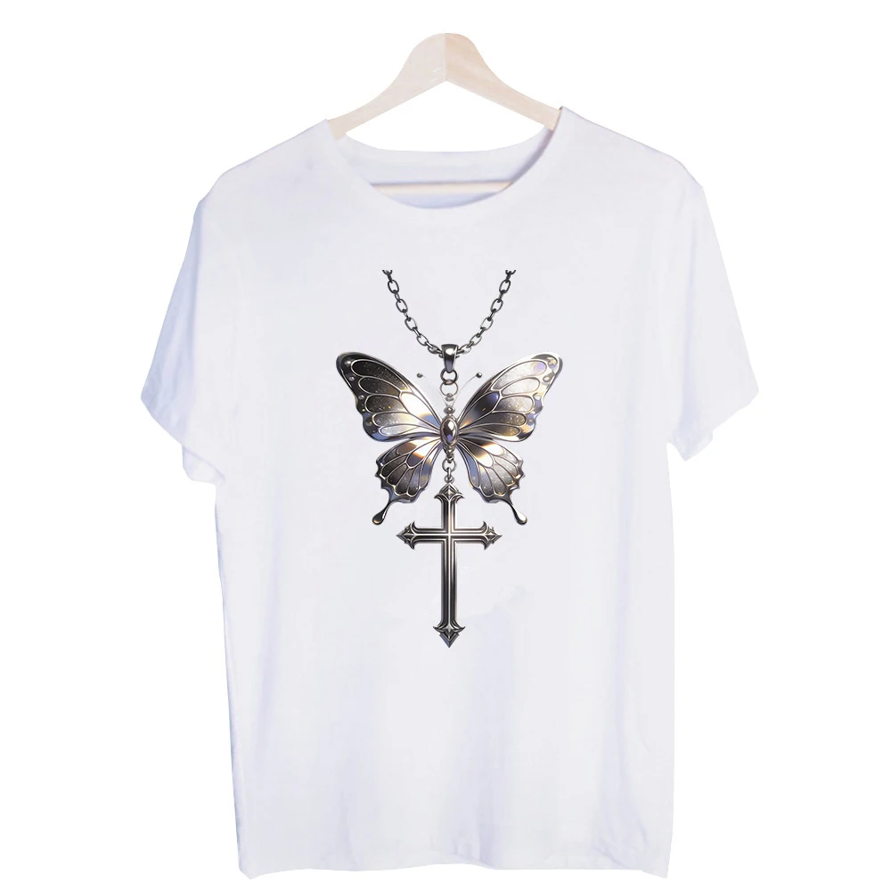 Men's Butterfly and Cross Pendant Graphic Tee, Short Sleeve Crew Neck Shirt for Casual Streetwear and Daily Outfits