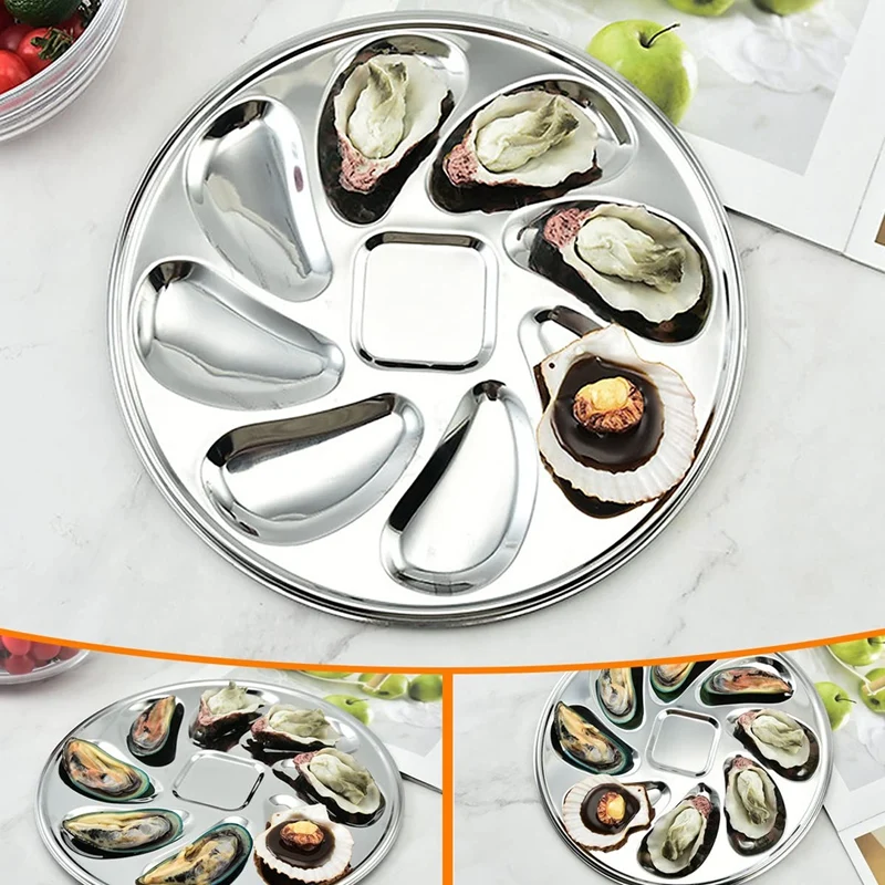 4PCS Oyster Plate Stainless Steel Oyster Plates Shell Shaped Durable Oyster Container With 8 Slots For Oyster Sauce