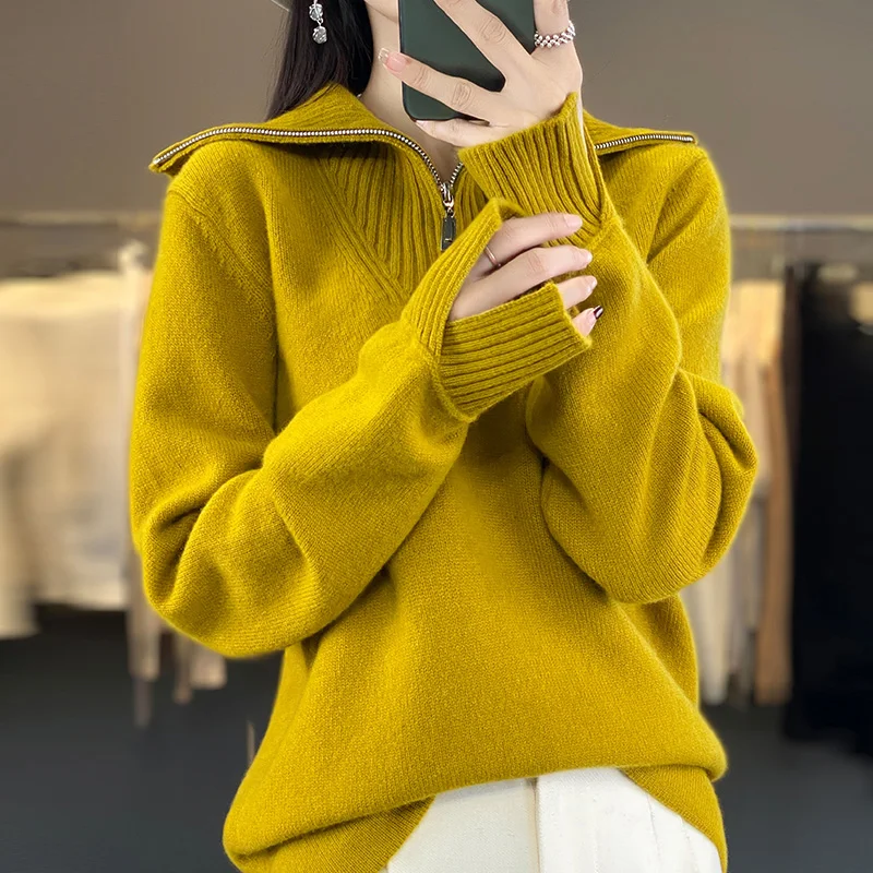 

Женский осенне-зимний свитер, пуловер из 100% мериносовой шерсти, свитер с лацканами, полуоткрытый воротник, термотрикотаж, модная одежда