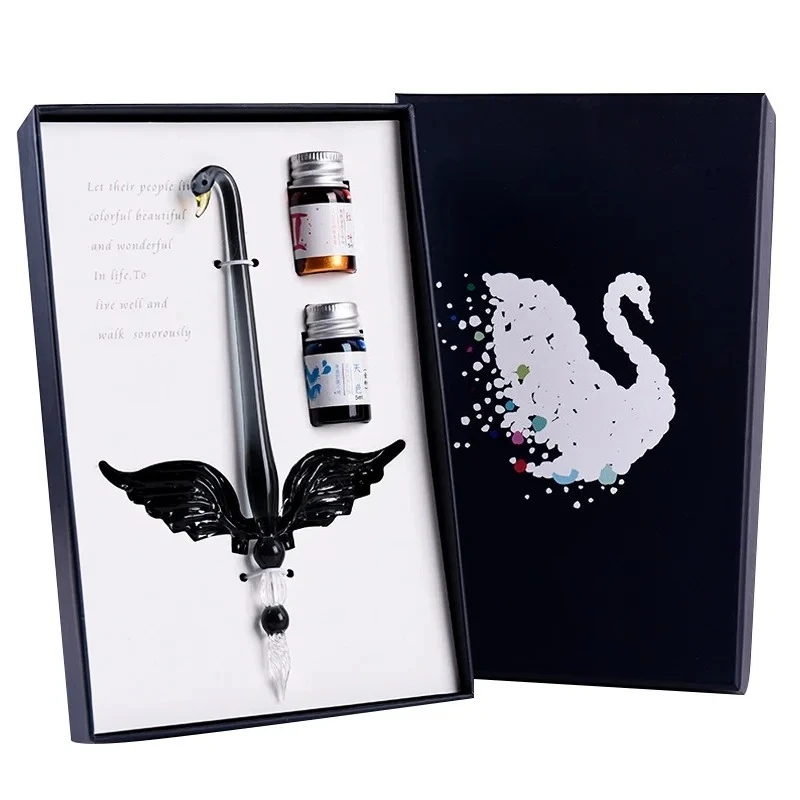 Creative Swan Handmade Glass Dip Pen Set angel wings Penholder Calligraphy Fountain Signature Pens Cute Couples Gift Filling Ink