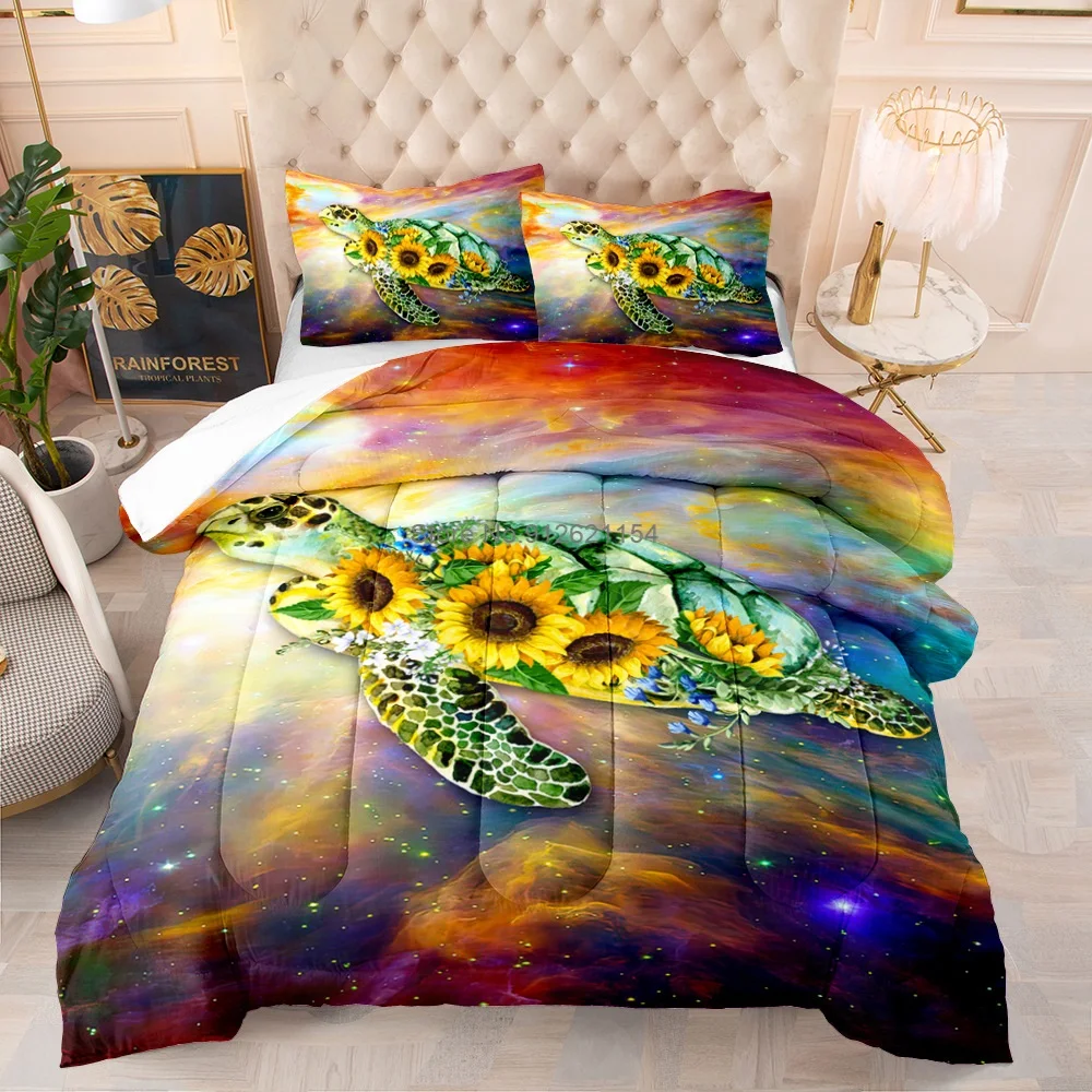 3 Pieces Set Marine Turtle Dolphin Comforter Quilt with 2 Pillowcases Twin Full Queen Size for Winter