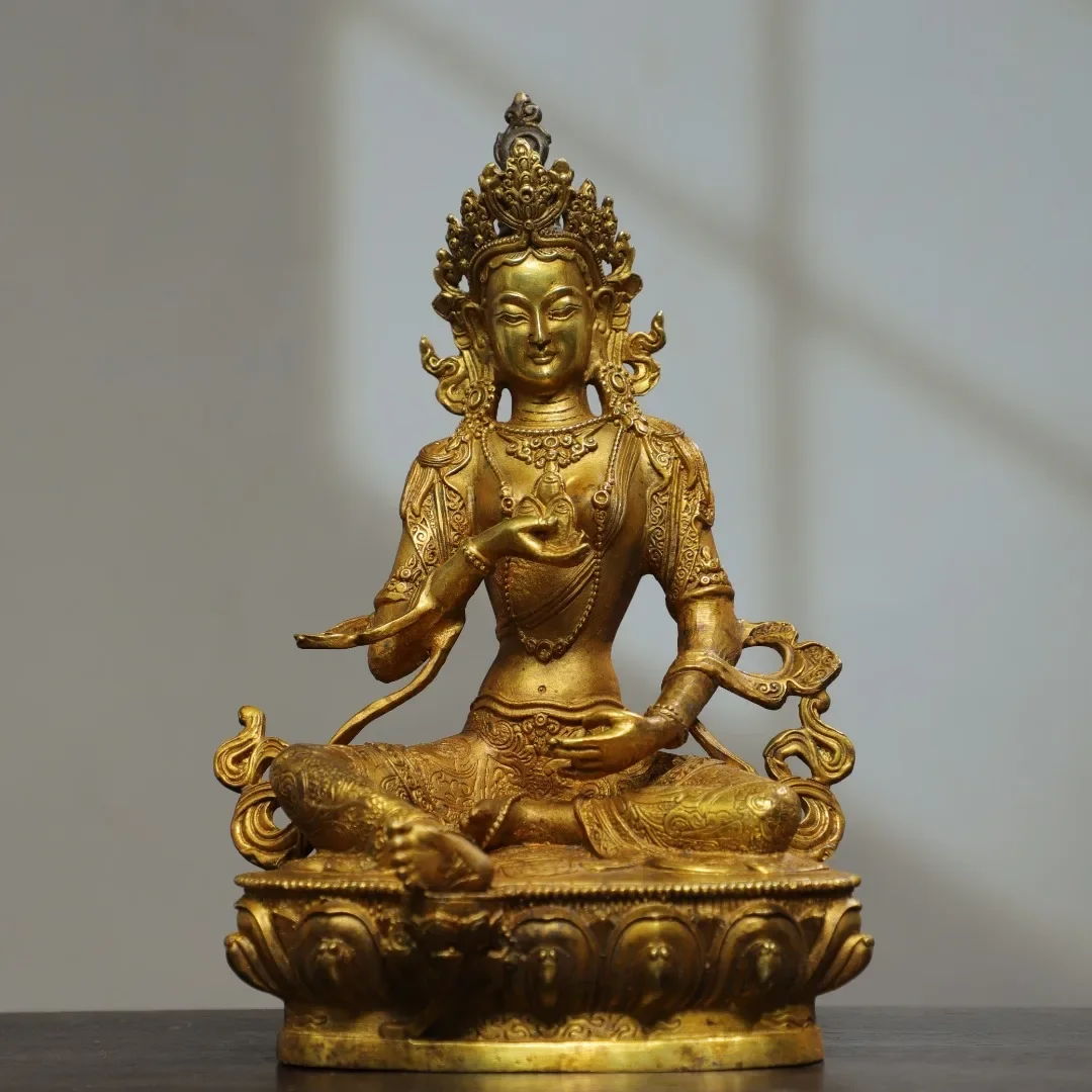 

22cm Nepalese Tibetan Ornament Brass Gilded Manjushri Tara Bodhisattva Sitting Statue