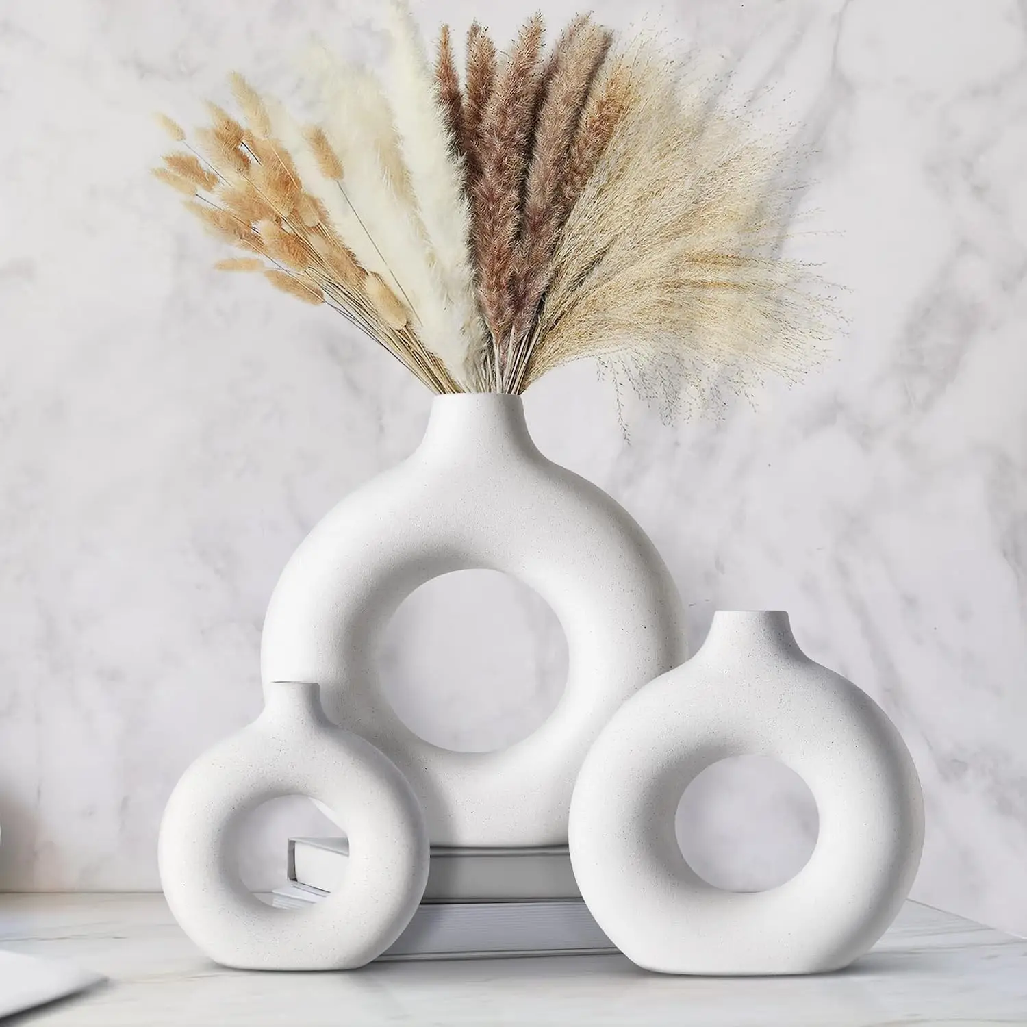 Hollow Donut Ceramic Vase, Speckled White Circle Vase for Dried Flowers,Modern Decor Vase Home Tabletop Centerpiece