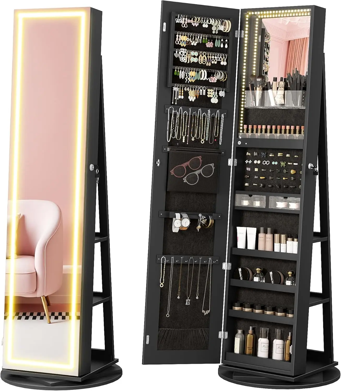 Jummico Mirror Jewelry Cabinet Standing, 360° Swivel Lockable Jewelry Armoire With Full Length Mirror And Adjustable Led