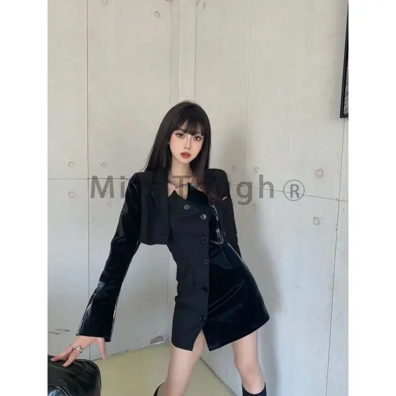 Autumn Black Designer New Two Piece Set Women Blazer Coat+vintage Strap Dress Female Korean Fashion Y2k Elegant Slim Set 2024