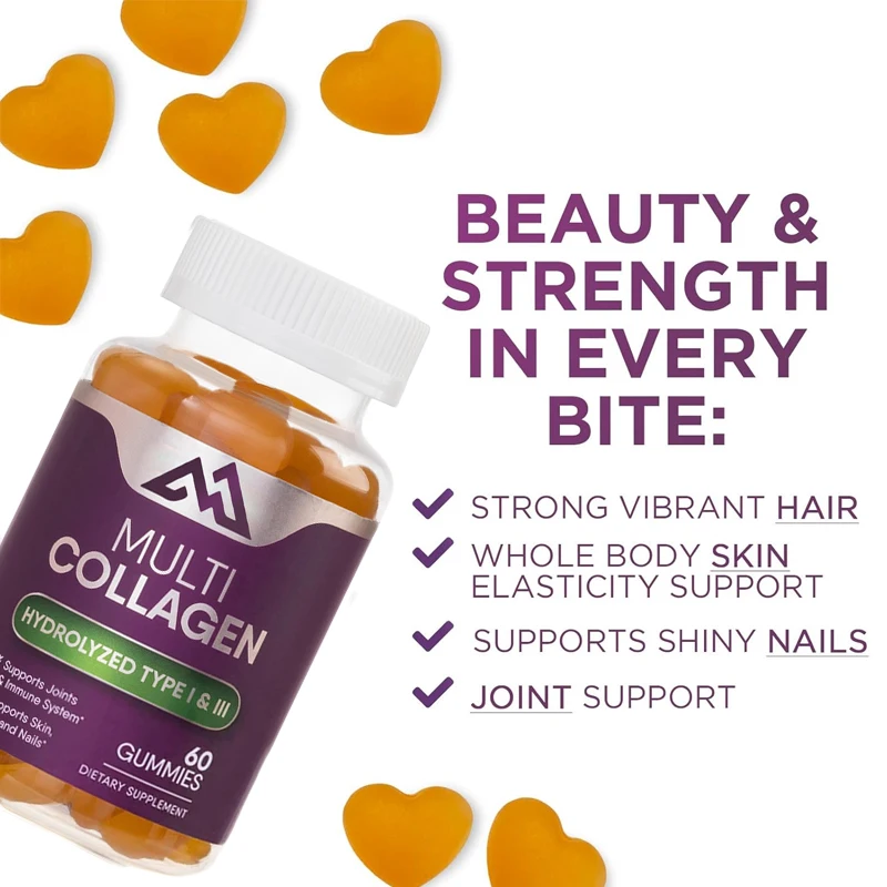 Collagen gummies containing biotin  hydrolyzed collagen peptide supplements type I and III - support hair,skin, nails,and joints