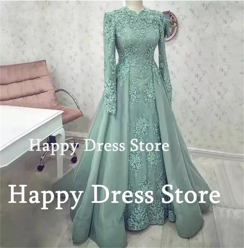 Classic Muslim Women Prom Dress Lace Appliques Detachable Train Arab Dubai Formal Evening Dress New Party Dress Bridal Gown