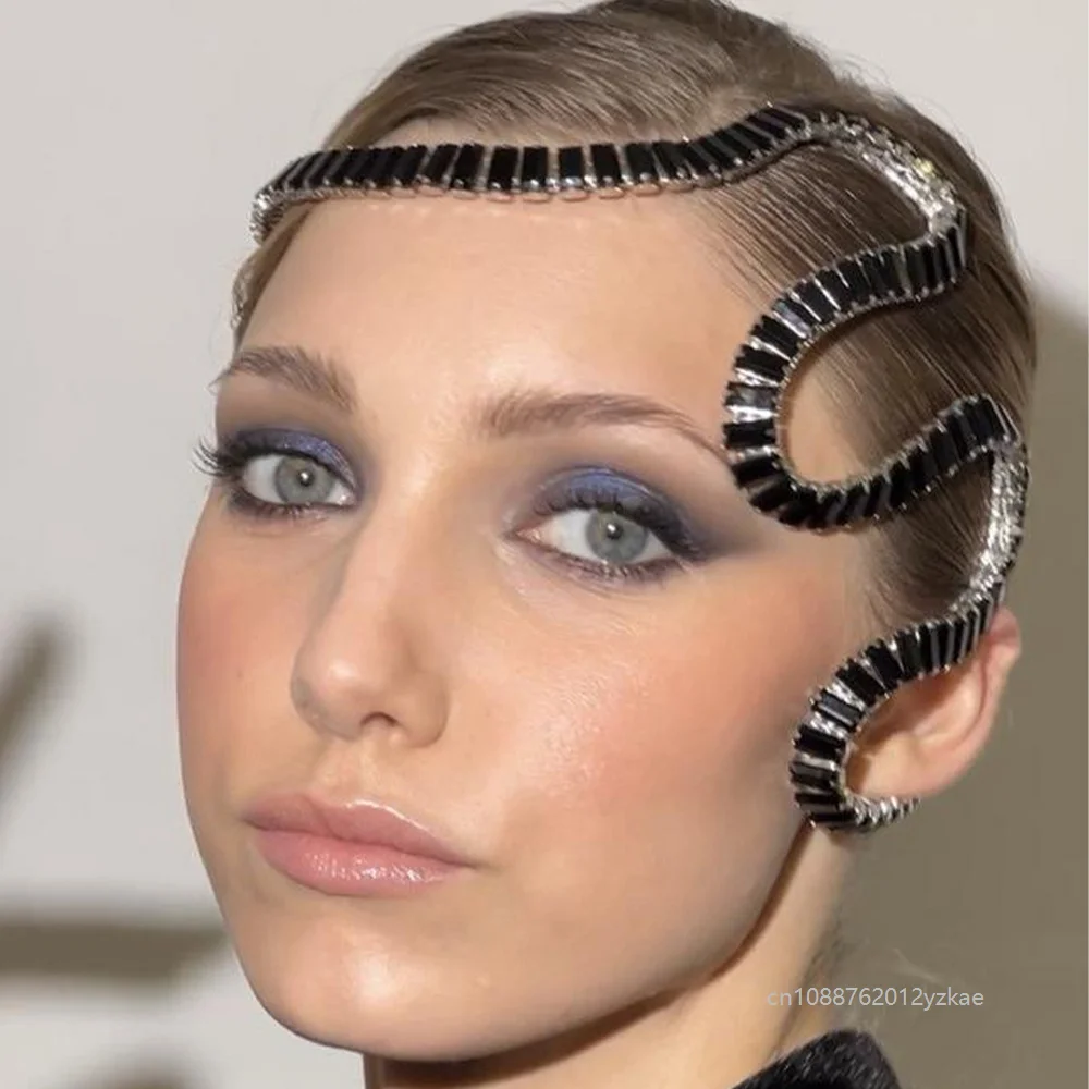 Snake Bend Rhinestone Headband Chain Masquerade Hair cosplay Accessories Fashion Black Crystal Headpiece Tiara Party for Women