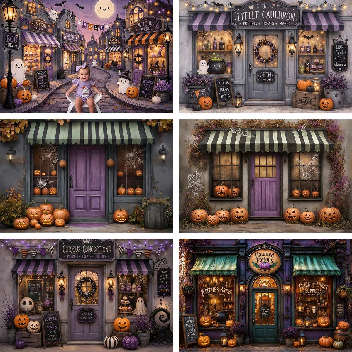 Fondo Fotográfico de Halloween con Diseño de Pueblo Mágico, Tienda de Brujas, Calabazas, Fantasmas y Niños, Escena de Atardecer Púrpura, para Estudio Fotográfico Infantil