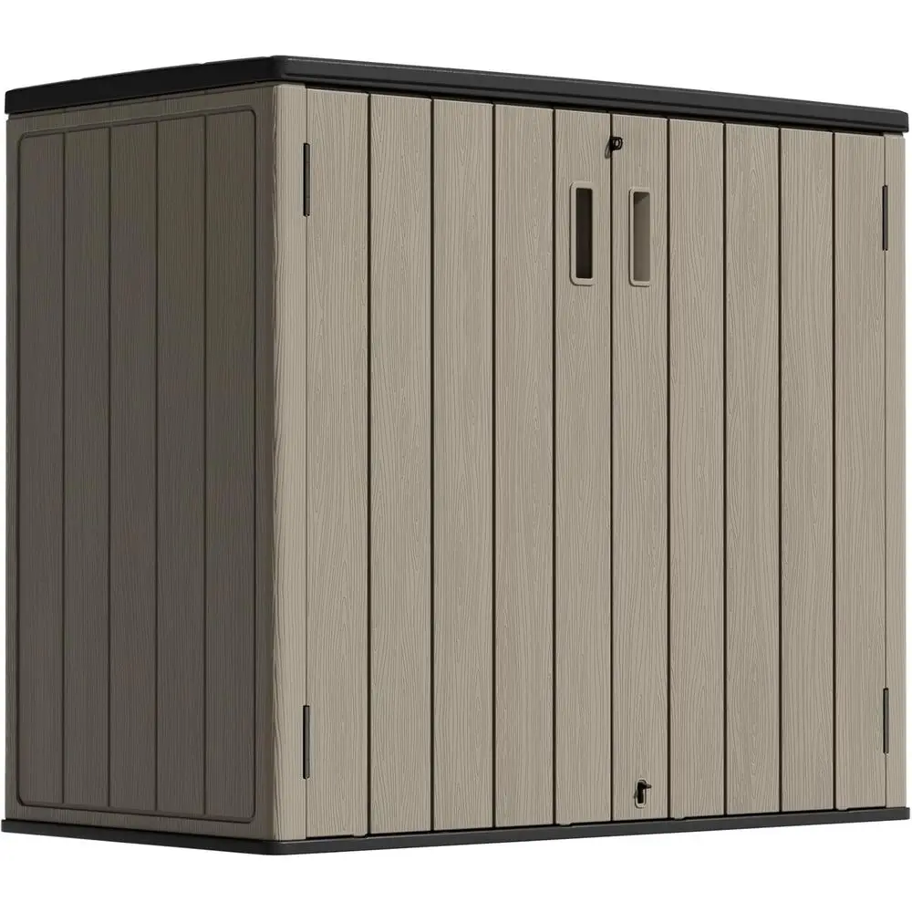 

Double-Wall HDPE Outdoor Storage Shed with Floor, Lockable for Garden Tools, Trash Cans, and Lawn Mower, Brown