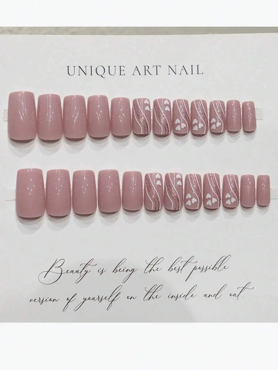 24 Pieces Medium To Long Press-On Nails With Pink Heart And French Line Design For Daily Wear And Special Occasions