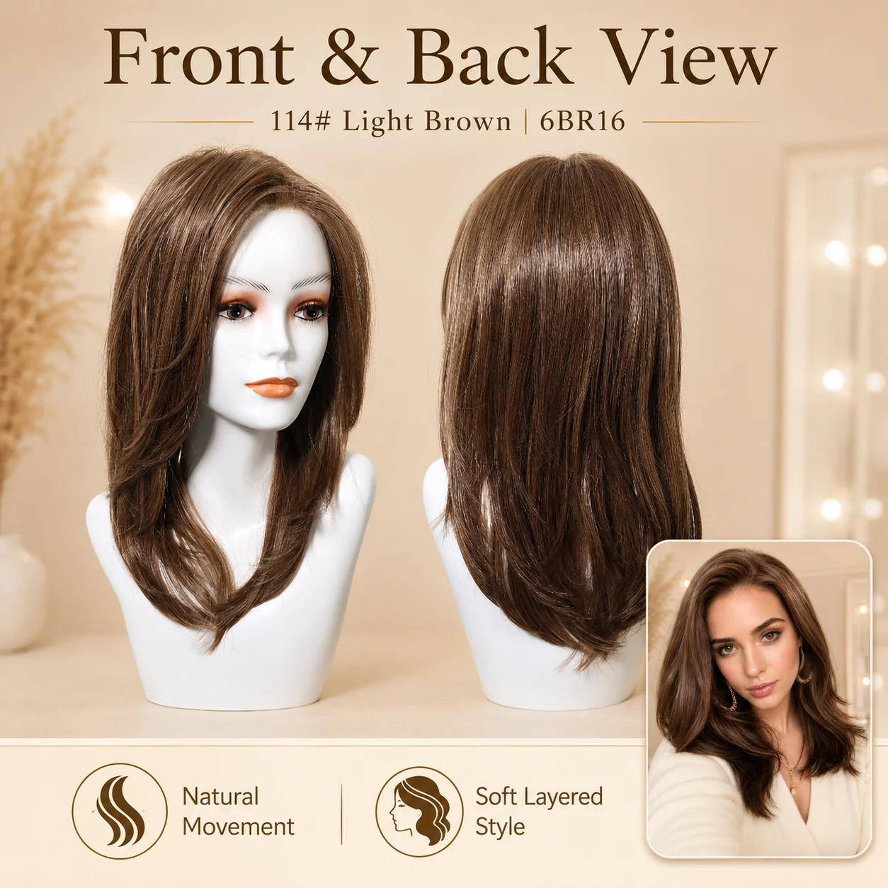 Topshe Light Brown Layered Synthetic MONO Wig Hand Tied Mono Top Breathable Open Weft High Temperature Fiber Natural Daily Wigs