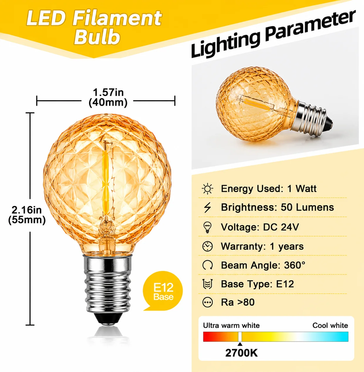 Globe Diamond Shaped Plastic Amber Light Bulb 1W 2700K DC24V Waterproof E12 Dimmable Replace Bulbs for Solar Light String