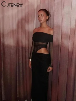 Cutenew Mesh Ruched Women Maxi Dress Sexy See Through Off Shoulder Long Sleeve Sheath Vestidos Female Midnight Party Solid Robe 6