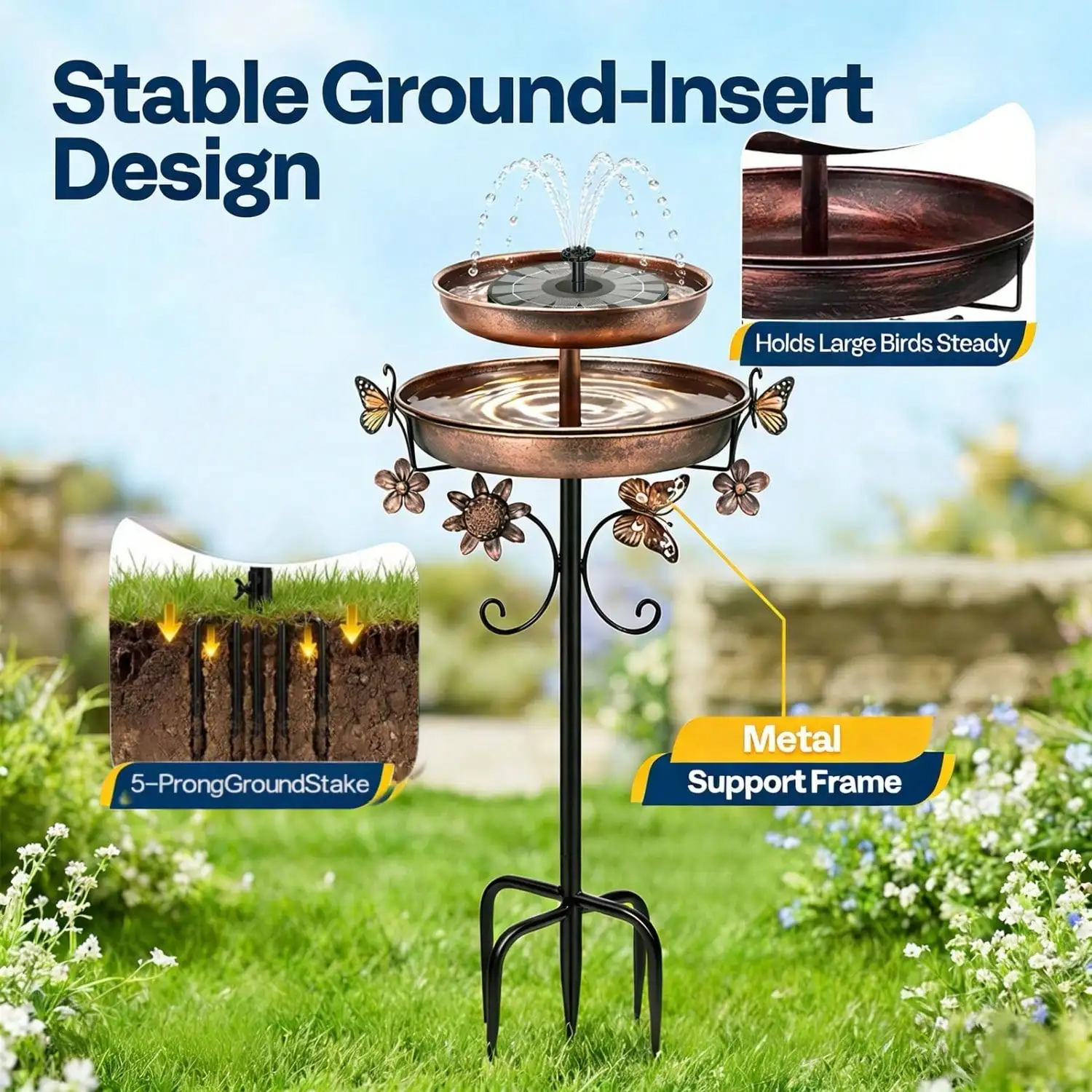 Heavy-Duty Metal Tiered Bird Bath with IPX8 Fountain, 12