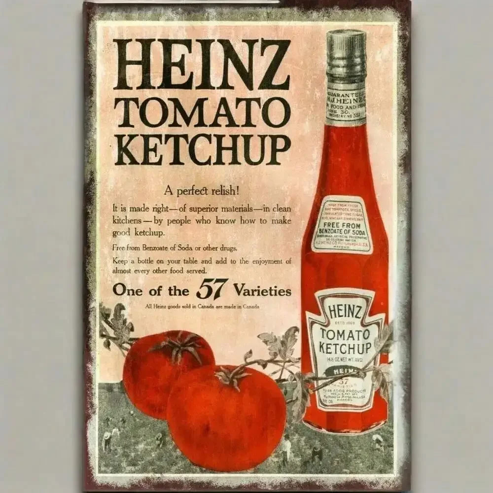 1 Stück HeinzVintageAds Heinz Tomato Ketchup Advert Metallschild – Vintage-Look, Retro-Stil, stabile Kunst, perfekte Dekoration für Zuhause, Küchen