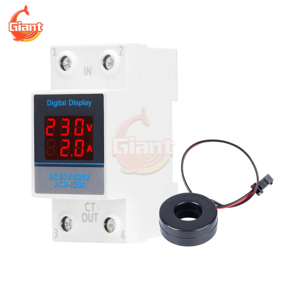 AC50-500V Din Rail Dual Digital Voltmeter Ammeter Single Phase Energy Meter Voltage Current Gauge Tester Power Wattmeter Monitor