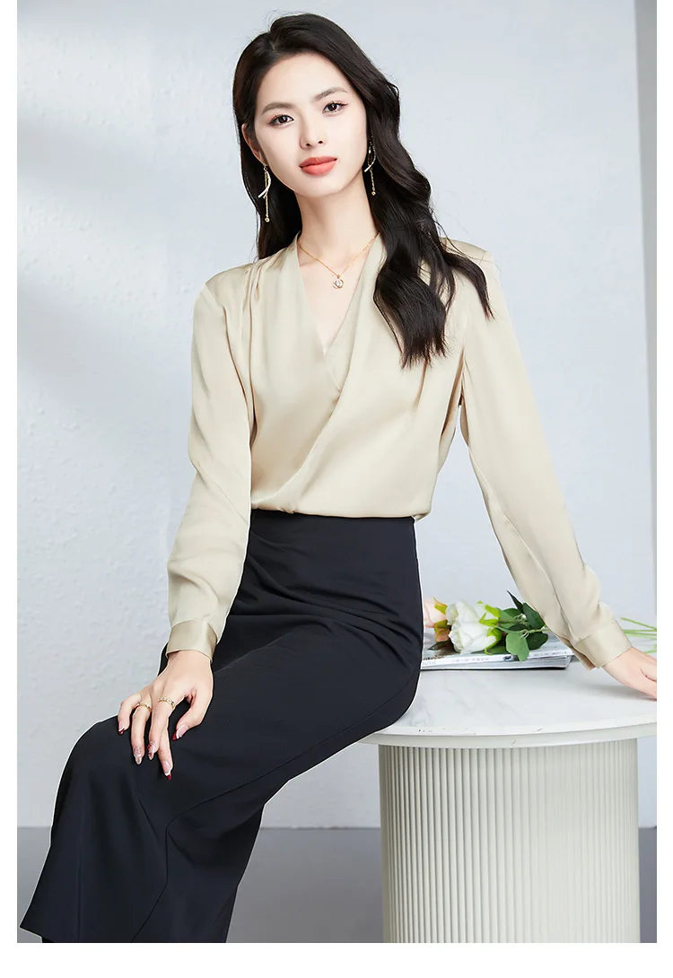Women's Shirt 92.3% Silk, 6.8% Spandex Long Sleeves Sexy V Neck Ruched Elegant Fashion Blouse Tops