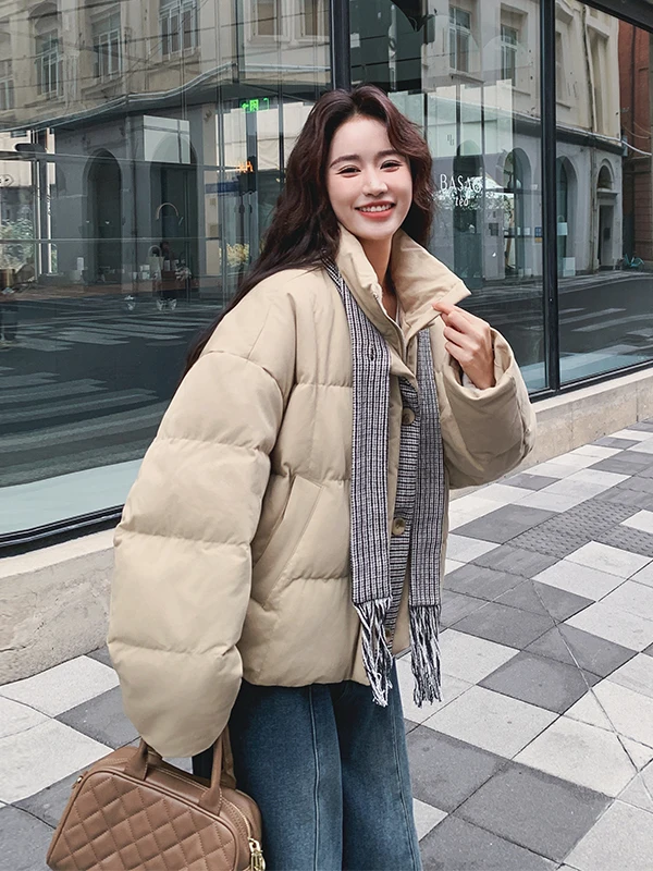 카키 체크무늬 여성용 다운 재킷 따뜻하고 패셔너블한 디자인 겨울 아우터웨어 캐주얼 루즈핏 화이트 다운