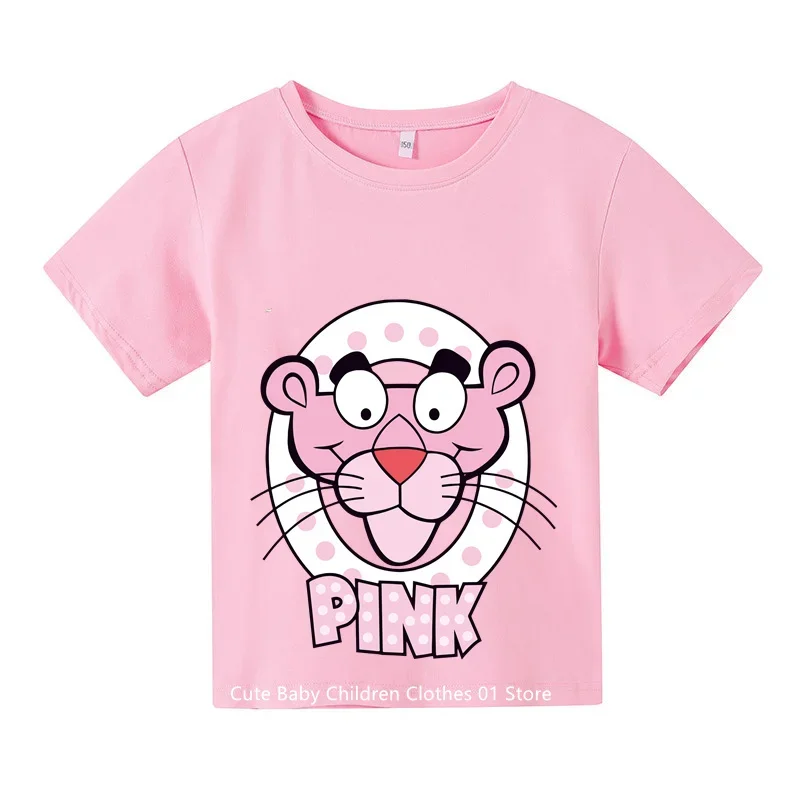 Pink Panther cartoon summer T-shirt Children's cotton short sleeve fashion casual round neck short sleeve boys and girls top