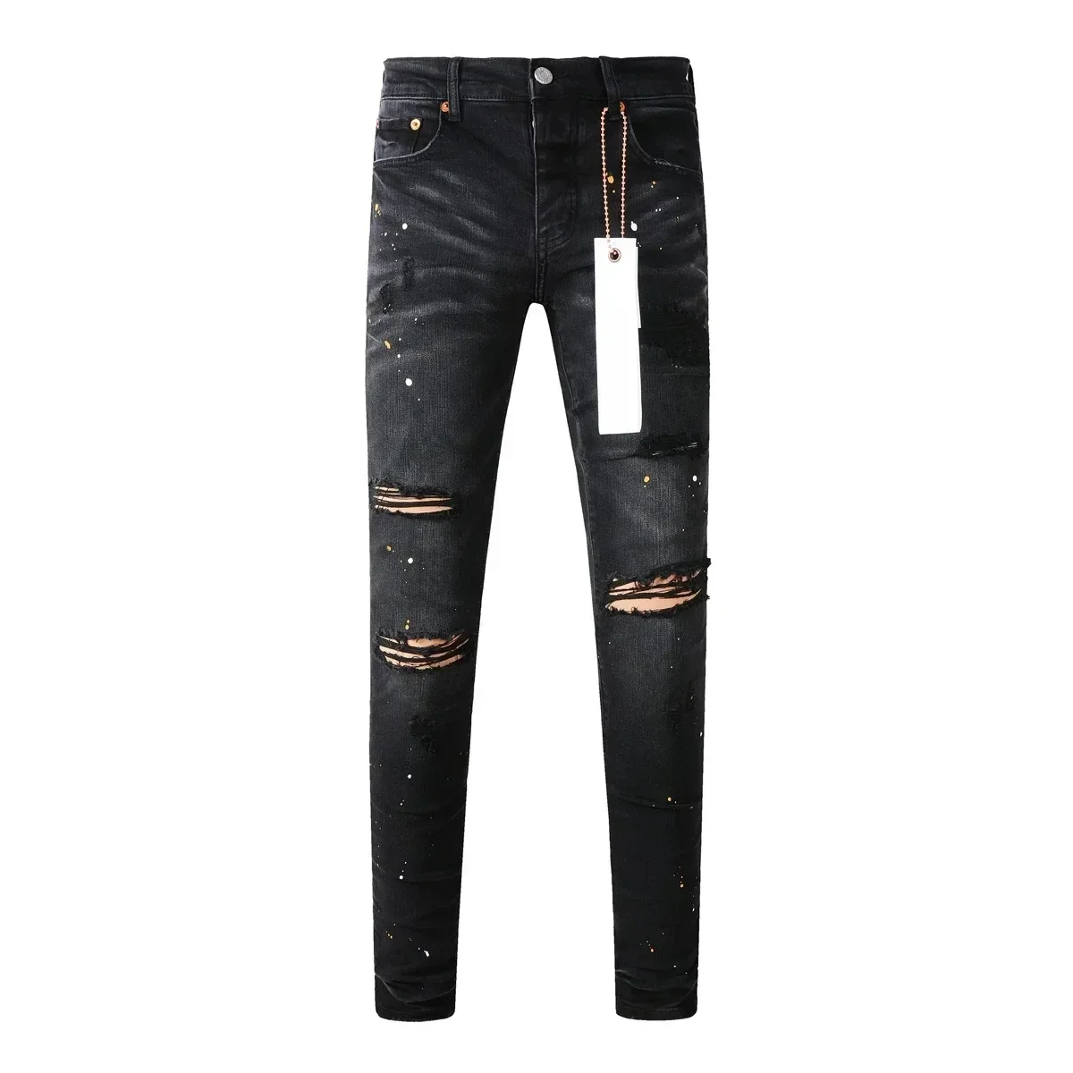 New Fashion High quality Purples Jeans Men High Street Black Paint Dot Knife Cut Hole Repair Low Rise Skinny Denim brand Pants