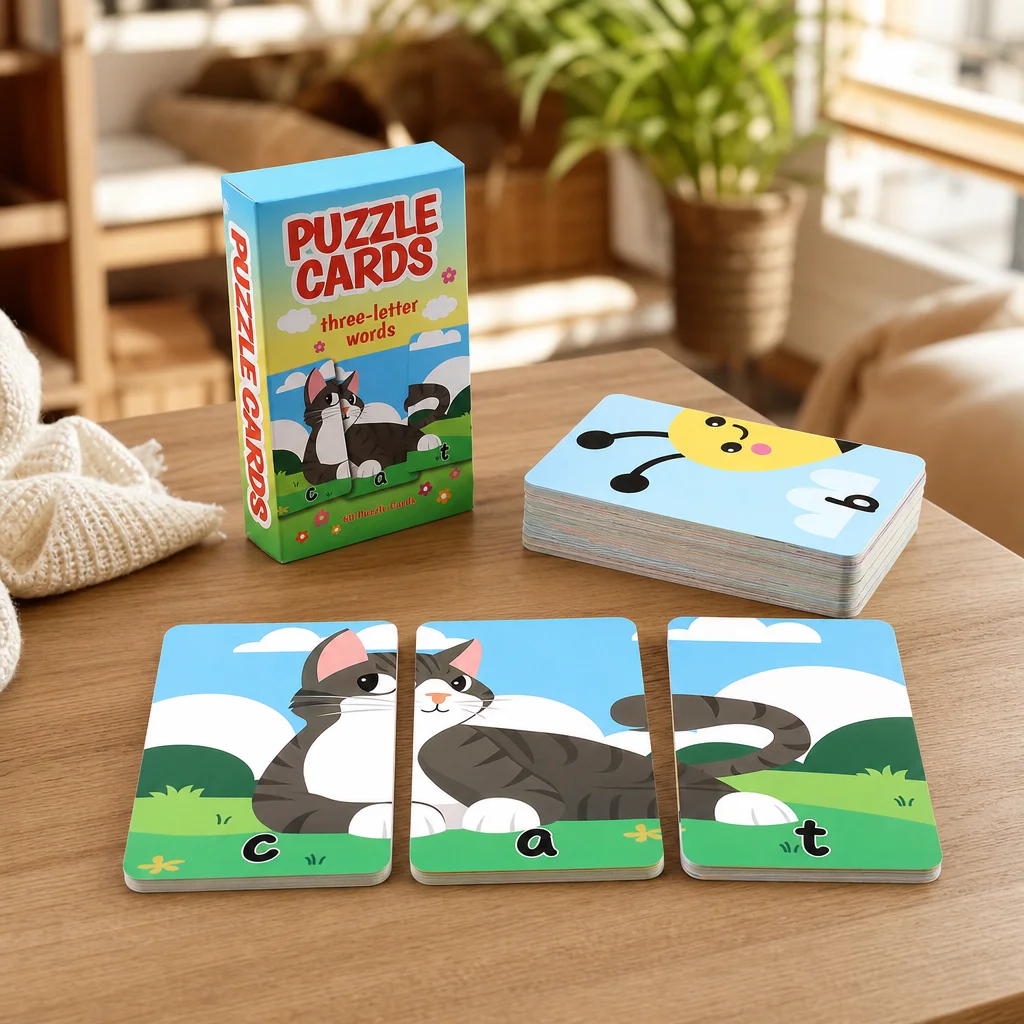 Educational Three Letter Word Puzzle Cards Durable for Early Learning Kids 54Pcs Thick Paperboard Flashcards Set